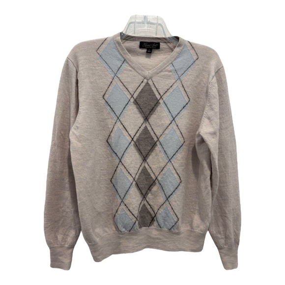 Garrett Scott Sweater Extra Fine Merino Wool Argyle Pullover Mens Large Vneck - Picture 1 of 7